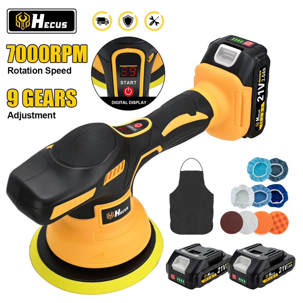 Hecus electric car polisher detail close-up, black and yellow cordless body