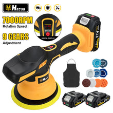 Hecus electric car polisher detail close-up, black and yellow cordless body