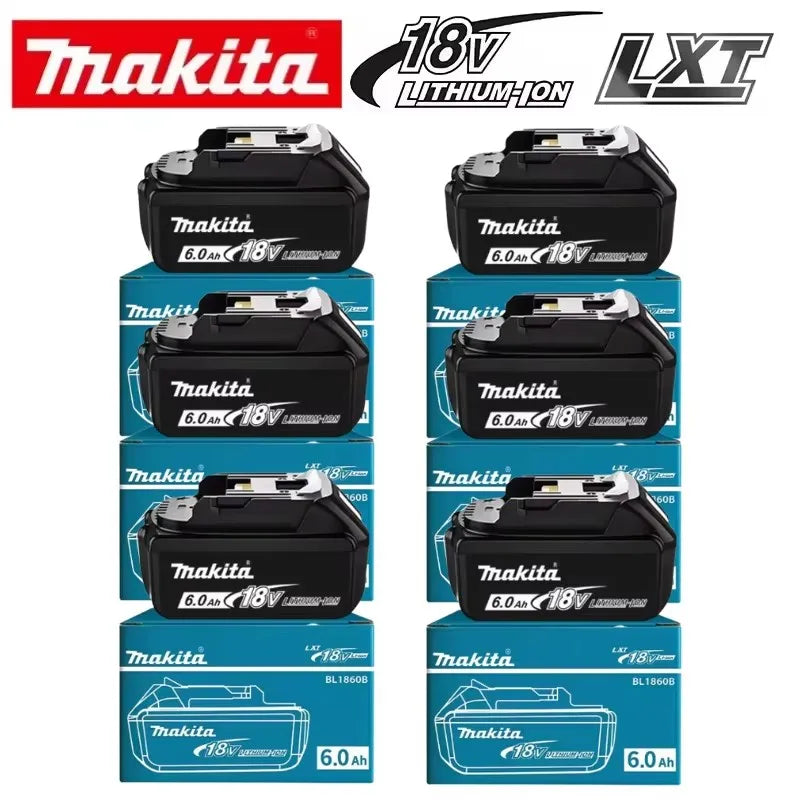Makita 18V 6Ah battery packaging, black and blue packs in box