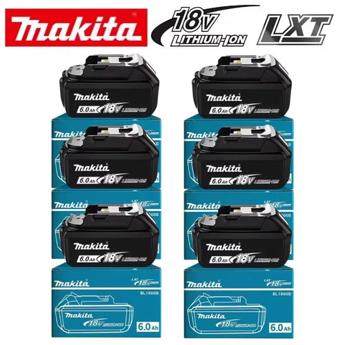 Makita 18V 6Ah battery packaging, black and blue packs in box