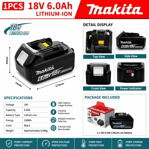 Makita 18V 6Ah battery specs on black, white and blue packaging