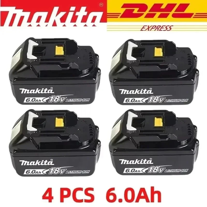 Four Makita 18V 6Ah batteries, solid black and yellow set