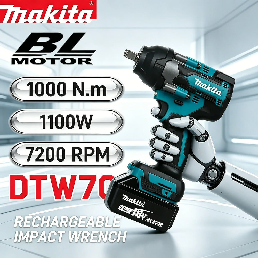 Makita DTW700 packaging, 1000 N.m torque on white background