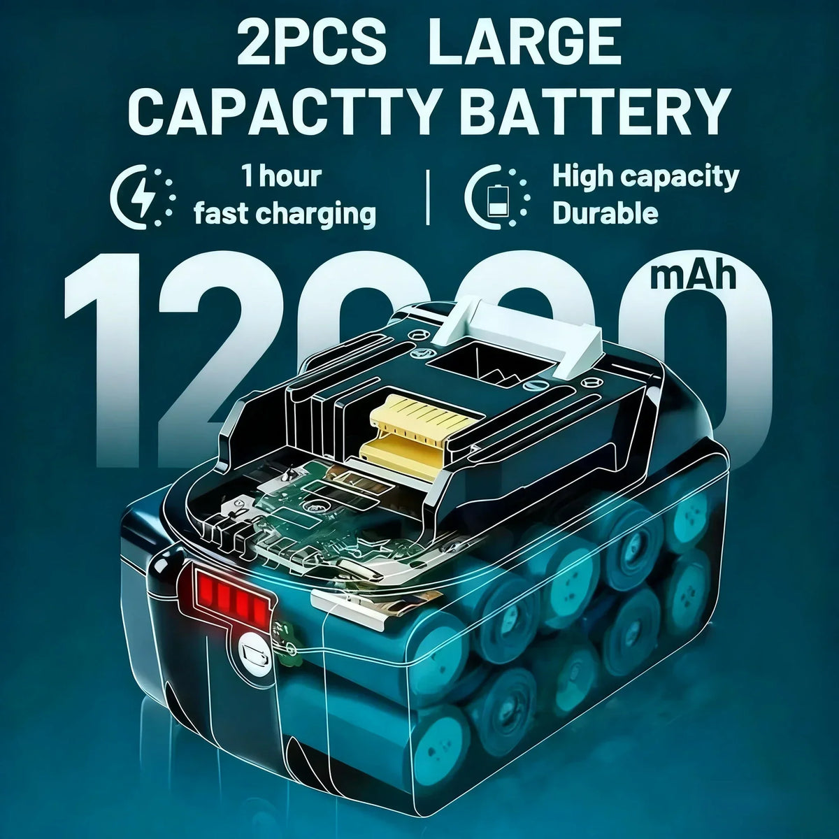 VIEDAKES 18V 12.0Ah battery pack close-up, black and blue, high-capacity design