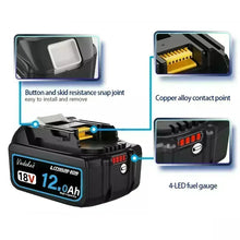 VIEDAKES 18V 12.0Ah battery pack detail with LED indicator, black yellow blue