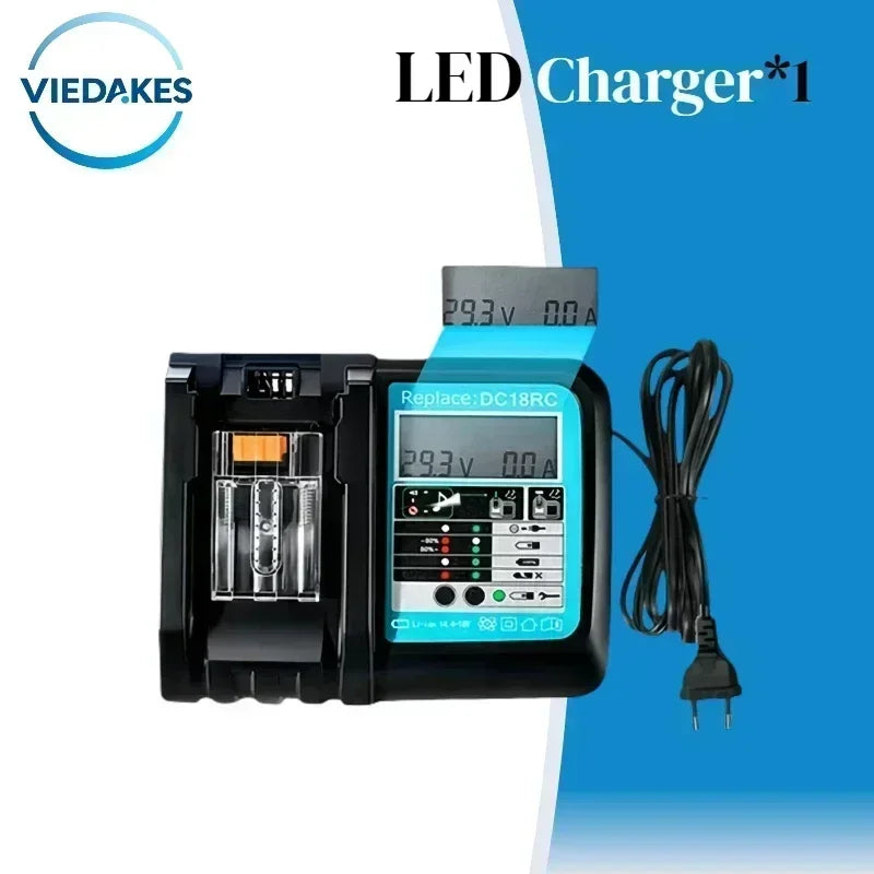 VIEDAKES 18V 12.0Ah battery pack close-up, LED display, black and blue