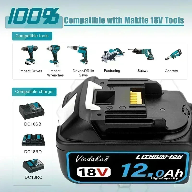 VIEDAKES 18V 12.0Ah battery pack packaging, compatibility chart on black and blue