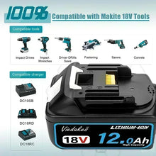 VIEDAKES 18V 12.0Ah battery pack packaging, compatibility chart on black and blue