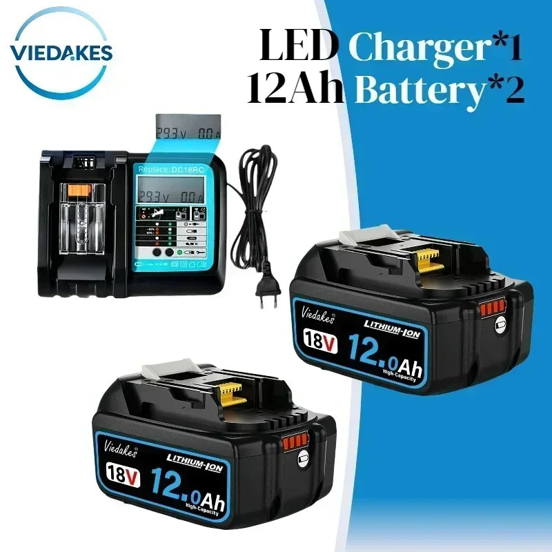 VIEDAKES 18V 12Ah battery pack with LED charger, black/blue, set view