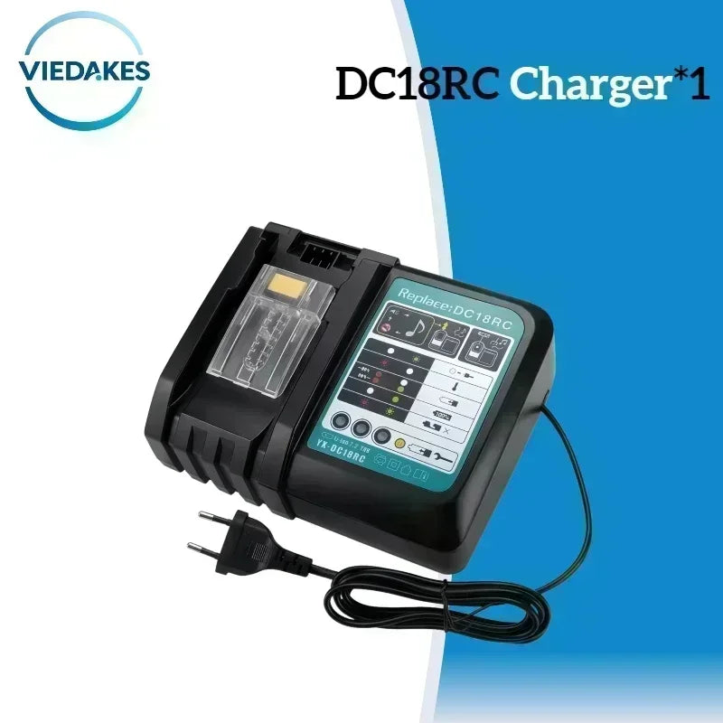 VIEDAKES DC18RC charger, black and blue, with power cord on solid background