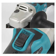 Makita DGA404 detail shot, open blue toolbox compartments with accessories