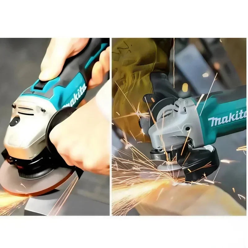 Makita DGA404 lifestyle use, blue/black grinder cutting with sparks flying