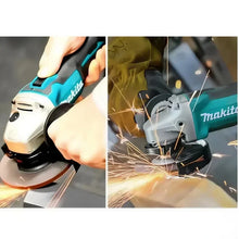 Makita DGA404 lifestyle use, blue/black grinder cutting with sparks flying