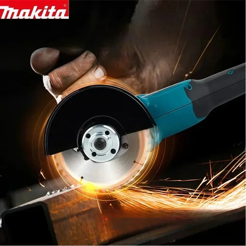Makita DGA404 lifestyle use, circular cutting disc generating sparks on neutral background