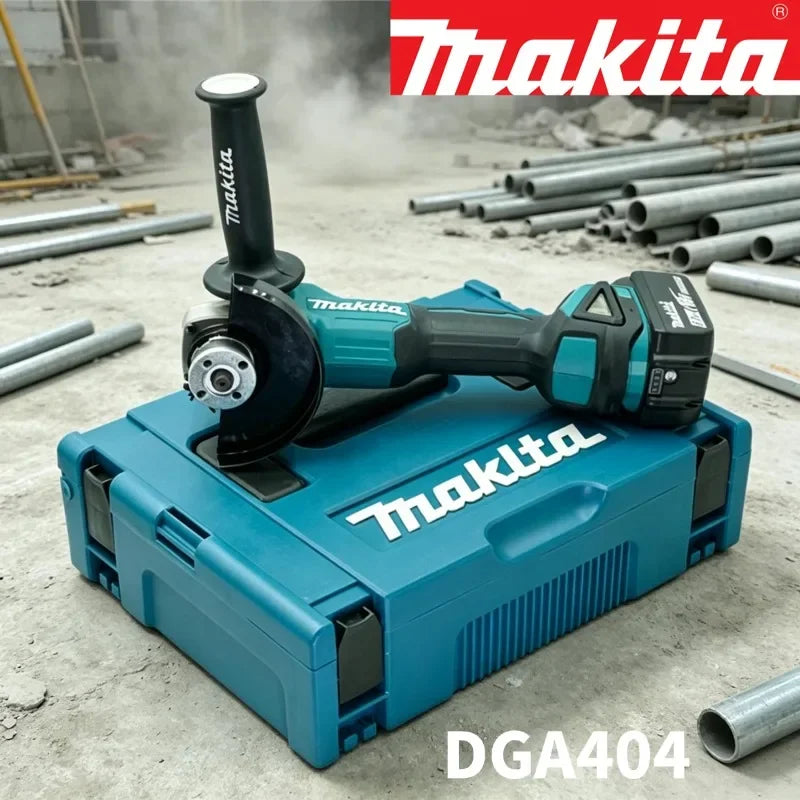 Makita DGA404 lifestyle front view, blue/black angle grinder with 125mm disc