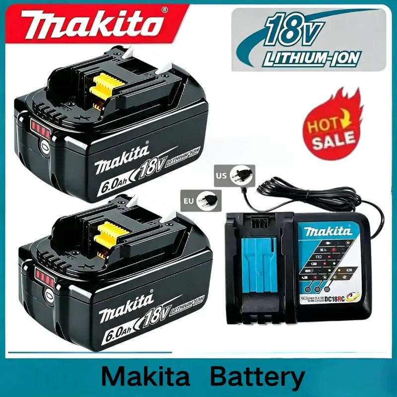 Makita 18V 5.0Ah battery set packaging, black and blue, two batteries and charger