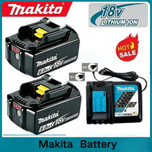 Makita 18V 5.0Ah battery set packaging, black and blue, two batteries and charger