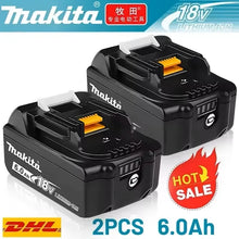 Makita 18V battery lifestyle shot, black and blue battery in use