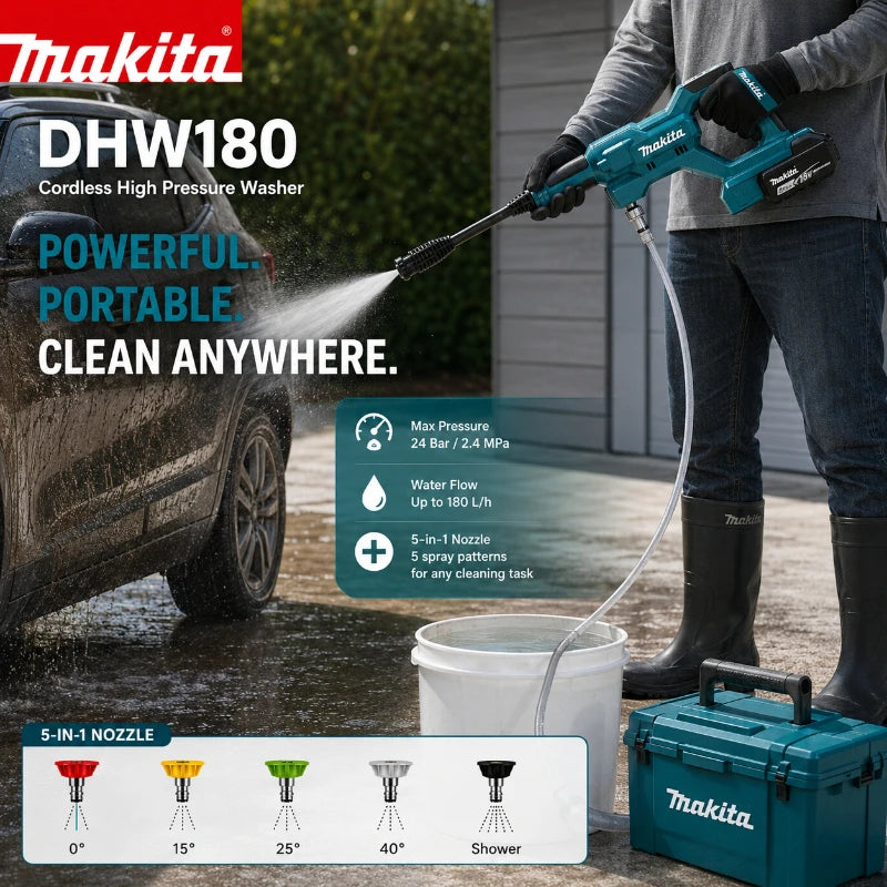 Makita DHW180 packaging, cordless pressure washer with attachments