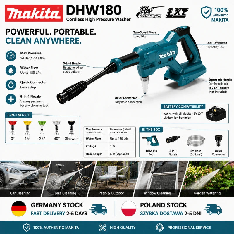 Makita DHW180 packaging, portable cordless pressure washer accessories