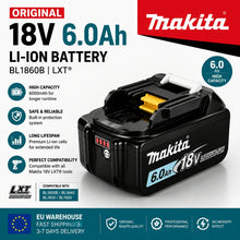 Makita 18V LXT battery packaging, black and yellow