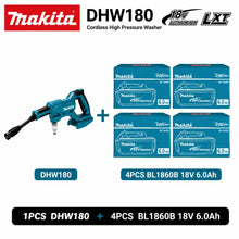 Makita DHW180 packaging with battery included, blue and white