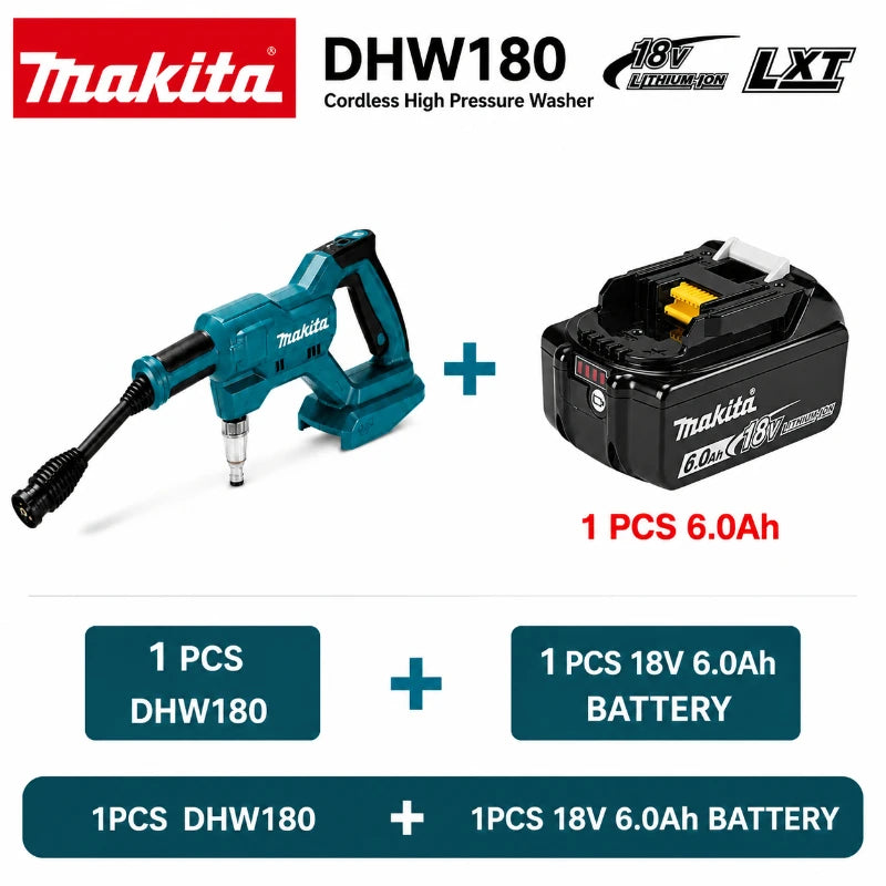 Makita DHW180 with battery, blue and black cordless pressure washer
