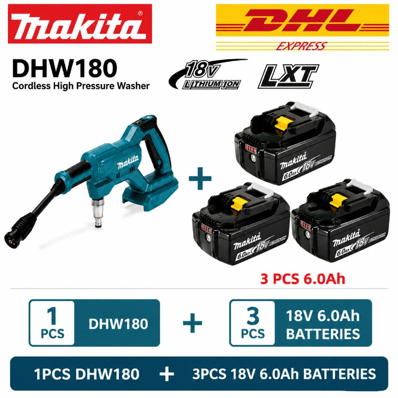 Makita DHW180 packaging, blue and black cordless pressure washer with three batteries