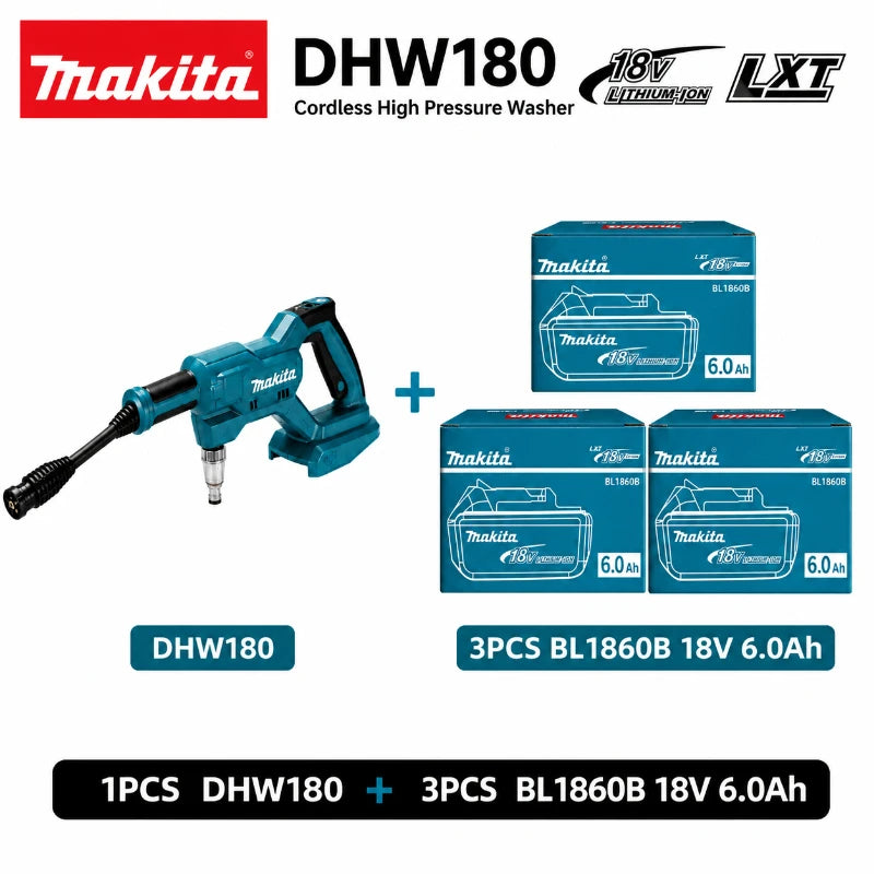 Makita DHW180 packaging, blue and black cordless pressure washer with two batteries
