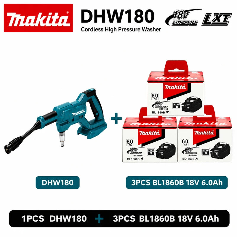 Makita DHW180 packaging with accessories, blue and black water spray gun
