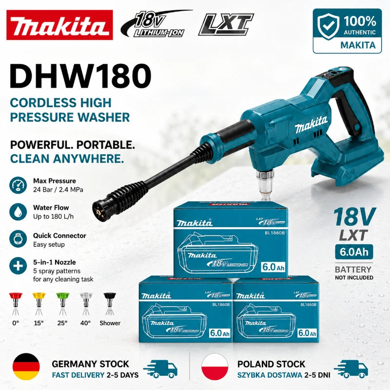 Makita DHW180 packaging, blue and black cordless pressure washer