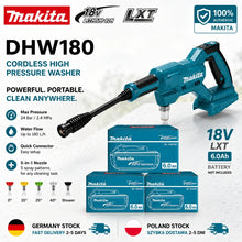 Makita DHW180 packaging, blue and black cordless pressure washer