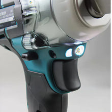 Makita DTW285 trigger detail with LED light, blue and black