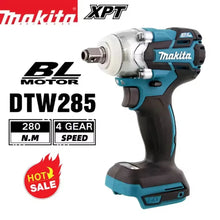 Makita DTW285 packaging, blue and black cordless impact wrench