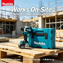 Makita DTW700 blue-black cordless impact wrench lifestyle on construction site