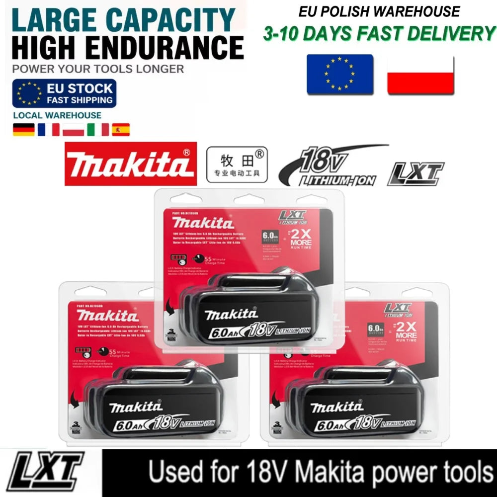 Makita 18V battery pack detail in black and red, large capacity