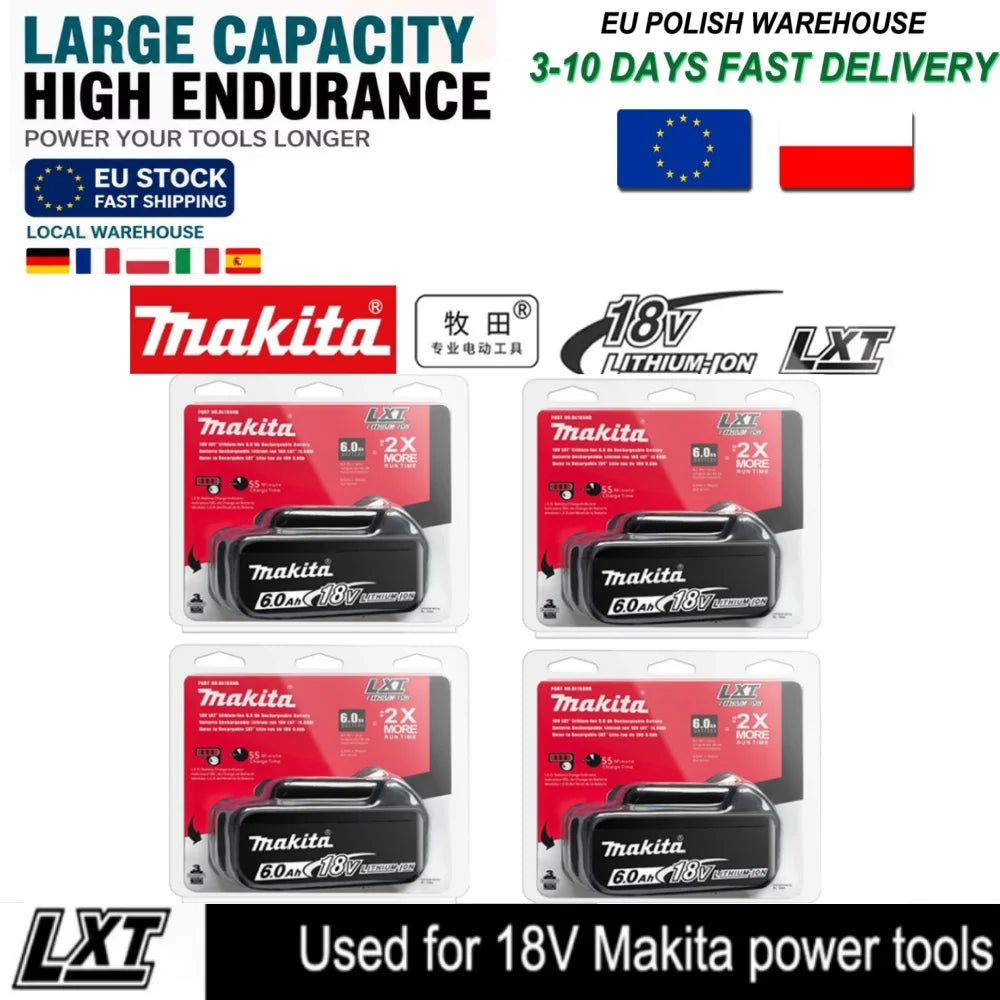 Makita battery packs packaging in red black white, high endurance
