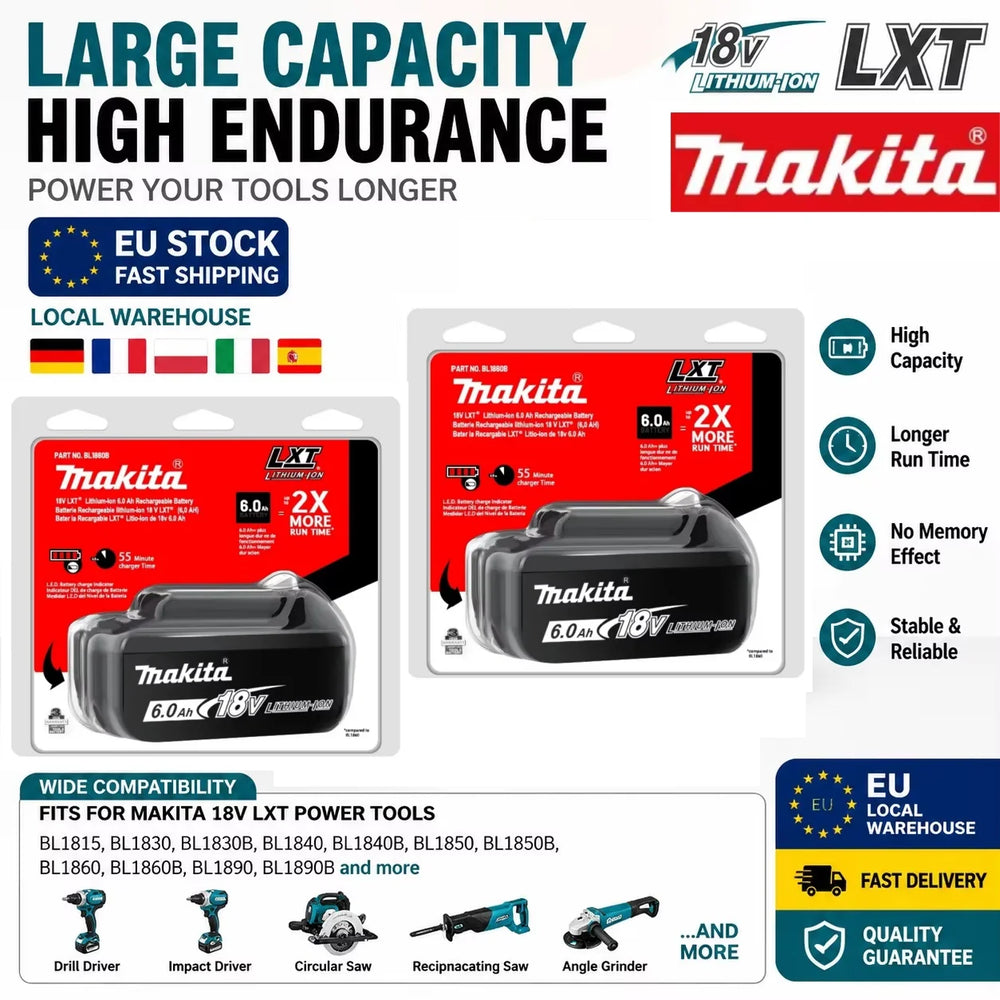 Makita 18V battery packaging, red black white large-capacity features