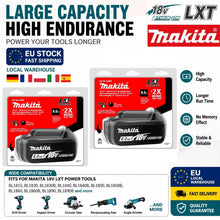 Makita 18V battery packaging, red black white large-capacity features