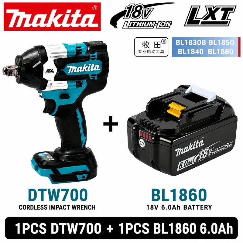 Makita DTW700 packaging, blue and black impact wrench kit