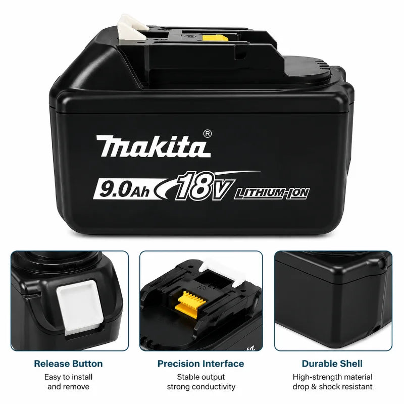 Makita 18V 9.0Ah battery pack detail view, black design