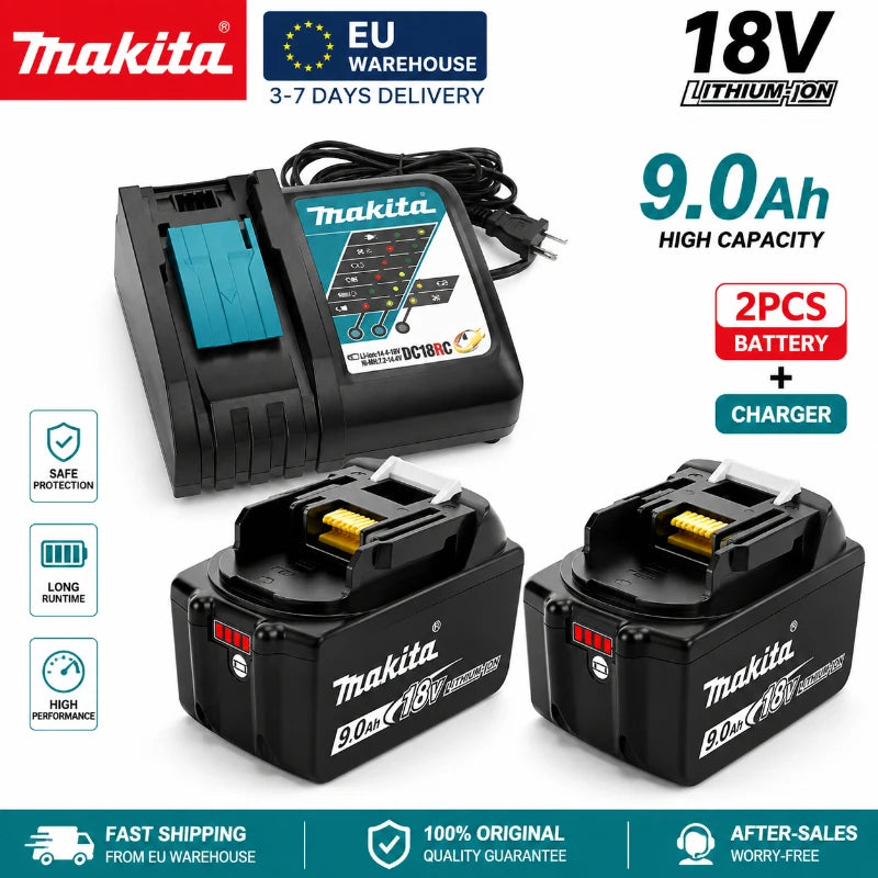 Makita 18V 9.0Ah battery pack front view, black with charger