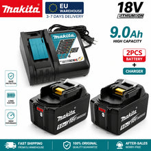 Makita 18V 9.0Ah battery pack front view, black with charger