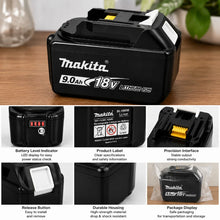 Makita 18V 9.0Ah battery pack lifestyle shot, black from multiple angles
