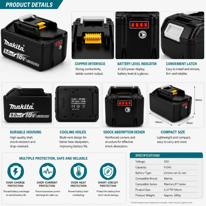 Makita 18V 9.0Ah battery pack specifications view, black and yellow
