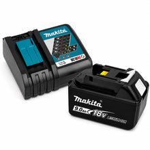 Makita 18V battery and charger, black and blue with yellow indicator