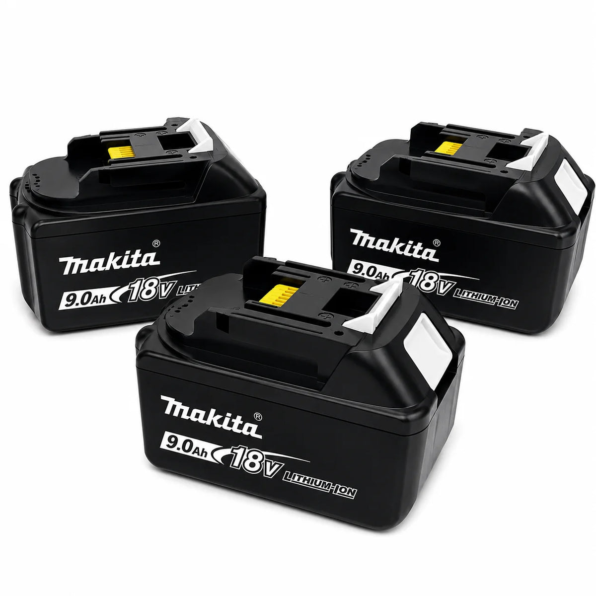 Makita 18V battery pack front view, compact black design with yellow indicator