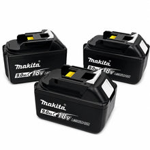 Makita 18V battery pack front view, compact black design with yellow indicator