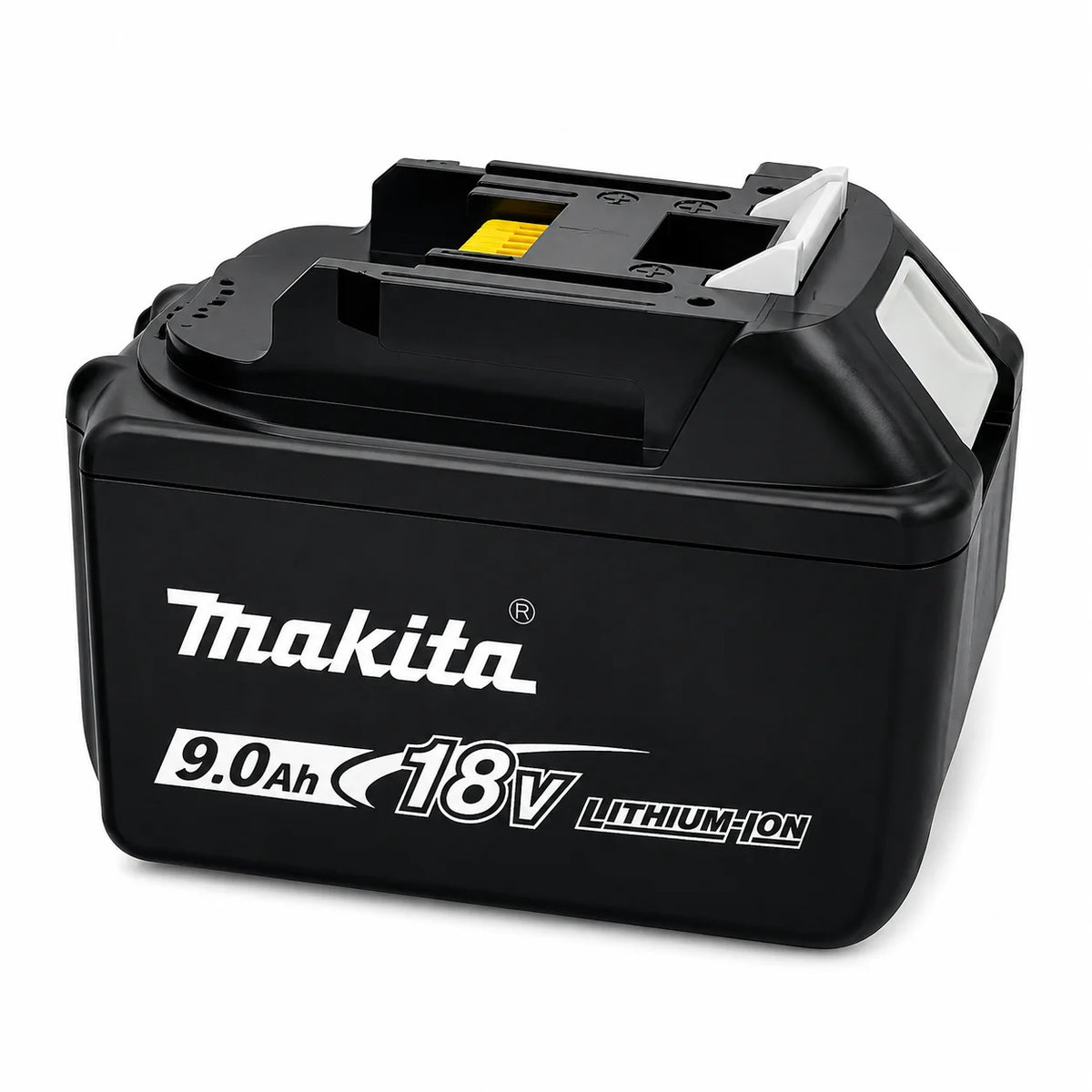 Side detail of Makita 18V battery, black and yellow compact design