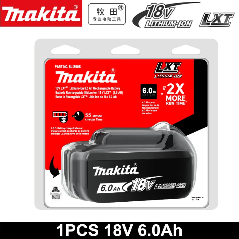 Makita 18V single battery packaging, red black and white branding